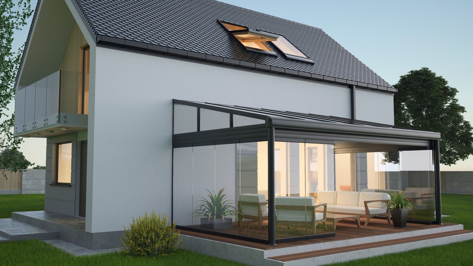 Visualisierung eines Hauses mit angebautem Glas-Wintergarten